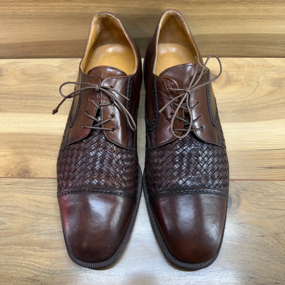 Principe Woven Leather Cap Toe Oxfords Mens 11 M Brown Leather Formal Wedding